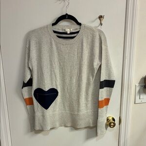 Lisa Todd Light Gray Crewneck Sweater with Navy Heart/Orange Accents Sz S